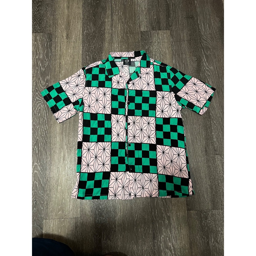 Demon Slayer Kimetsu No Yaiba Button Short Sleeve Shirt Green Pink Men's Size XS